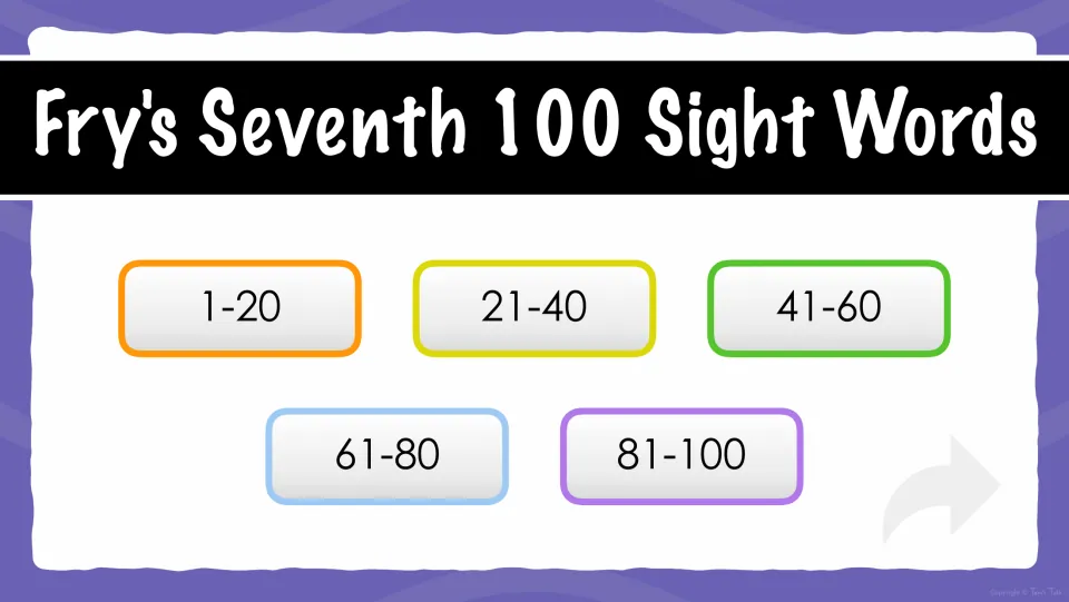 Quiz menu for the seventh 100 sight words, split into five word sets: 1-20, 21-40, 41-60, 61-80 and 81-100