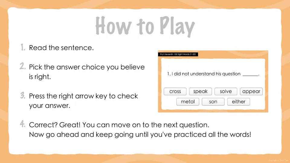 How to Play steps: read the sentence, pick an answer choice, press the right arrow key to check, then move on