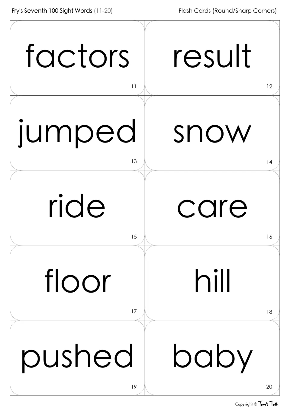 Sight word flash cards 11-20 for reading practice: factors, result, jumped, snow, ride, care, floor, hill, pushed, baby