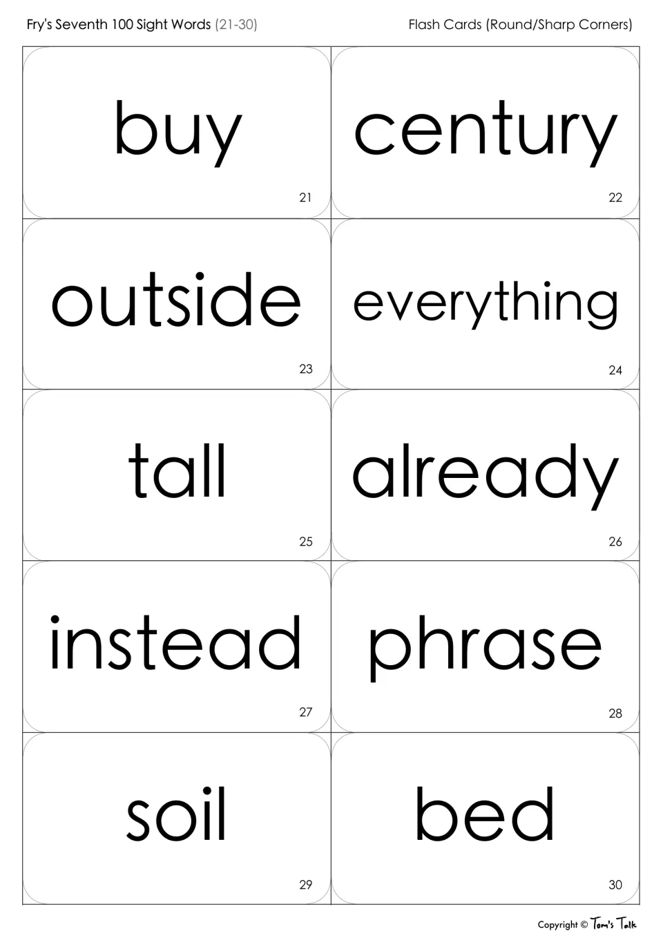 Sight word flash cards 21-30 for reading: buy, century, outside, everything, tall, already, instead, phrase, soil, bed