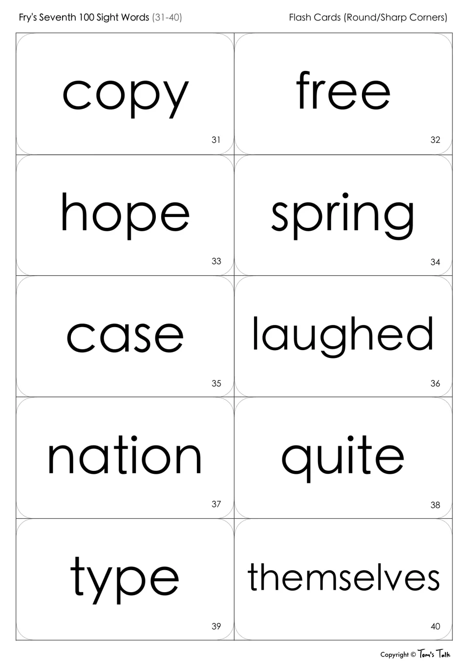 Sight word flash cards 31-40 for reading: copy, free, hope, spring, case, laughed, nation, quite, type, themselves