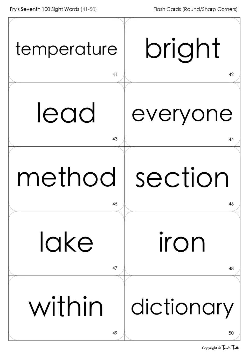Sight word flash cards 41-50: temperature, bright, lead, everyone, method, section, lake, iron, within, dictionary
