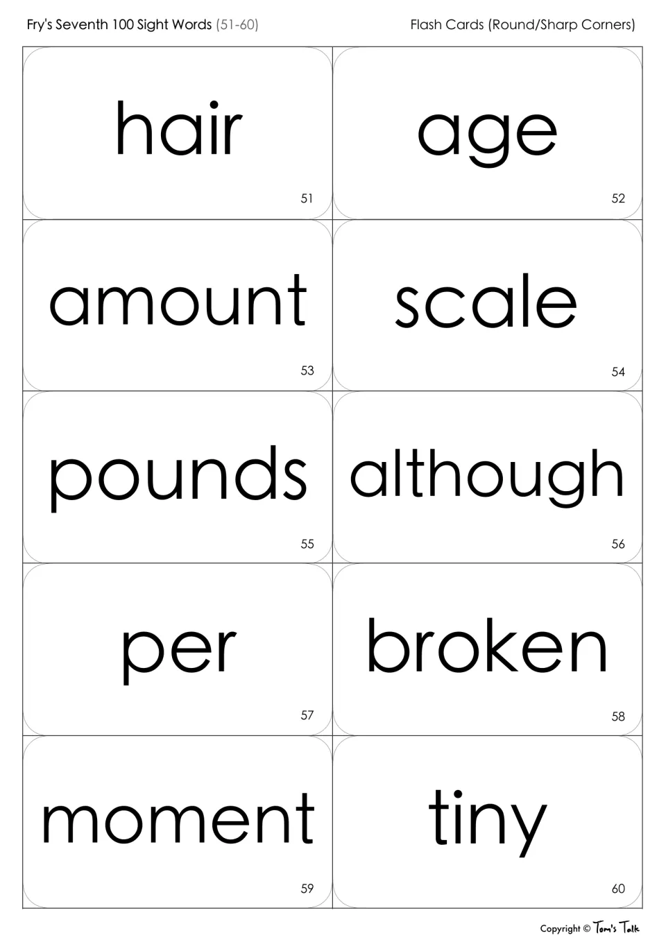 Sight word flash cards 51-60 for reading: hair, age, amount, scale, pounds, although, per, broken, moment, tiny