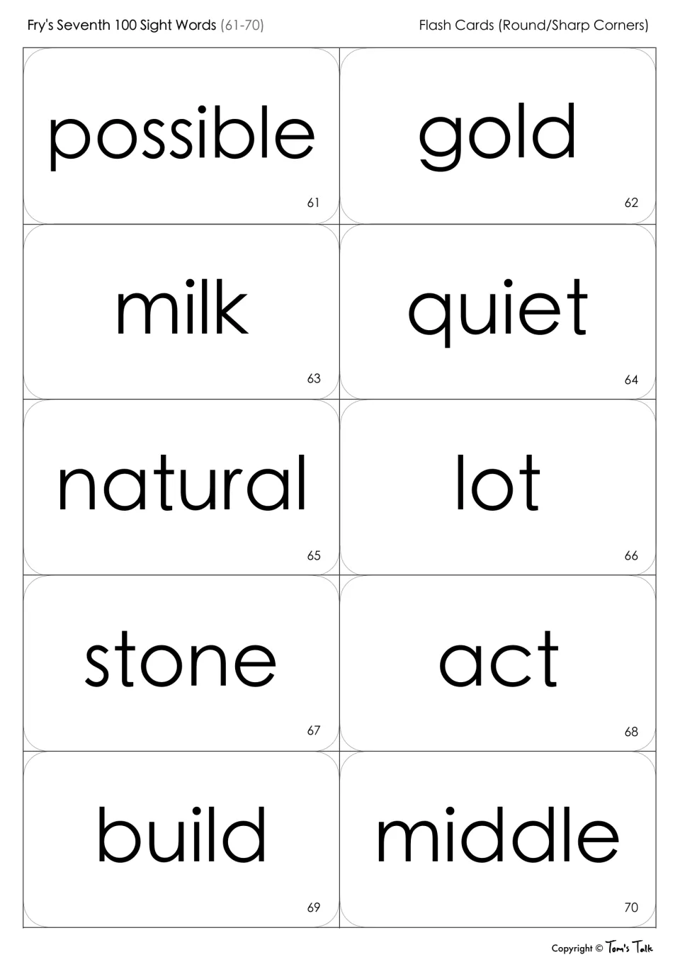 Sight word flash cards 61-70 for reading: possible, gold, milk, quiet, natural, lot, stone, act, build, middle