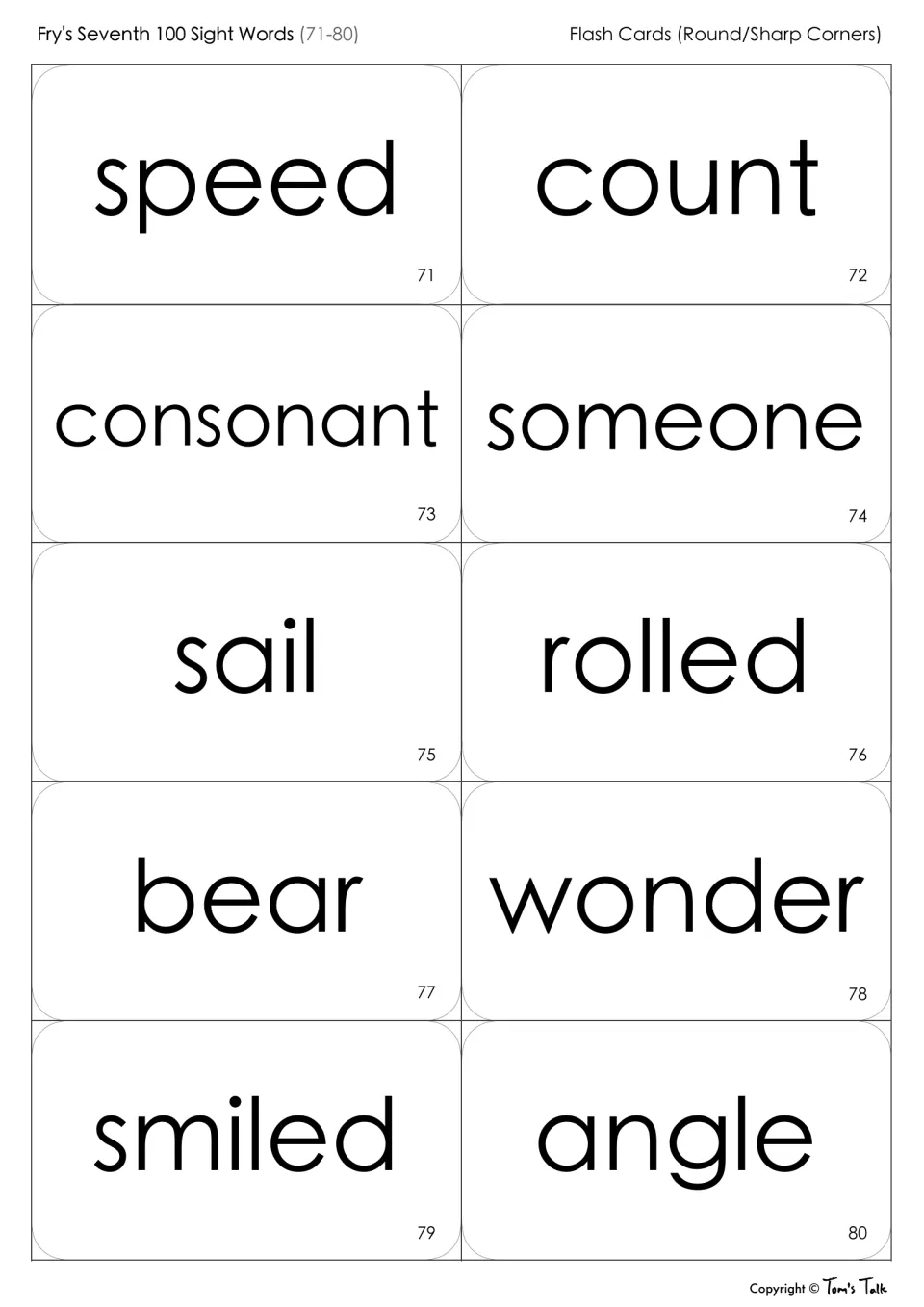 Sight word flash cards 71-80 for reading: speed, count, consonant, someone, sail, rolled, bear, wonder, smiled, angle
