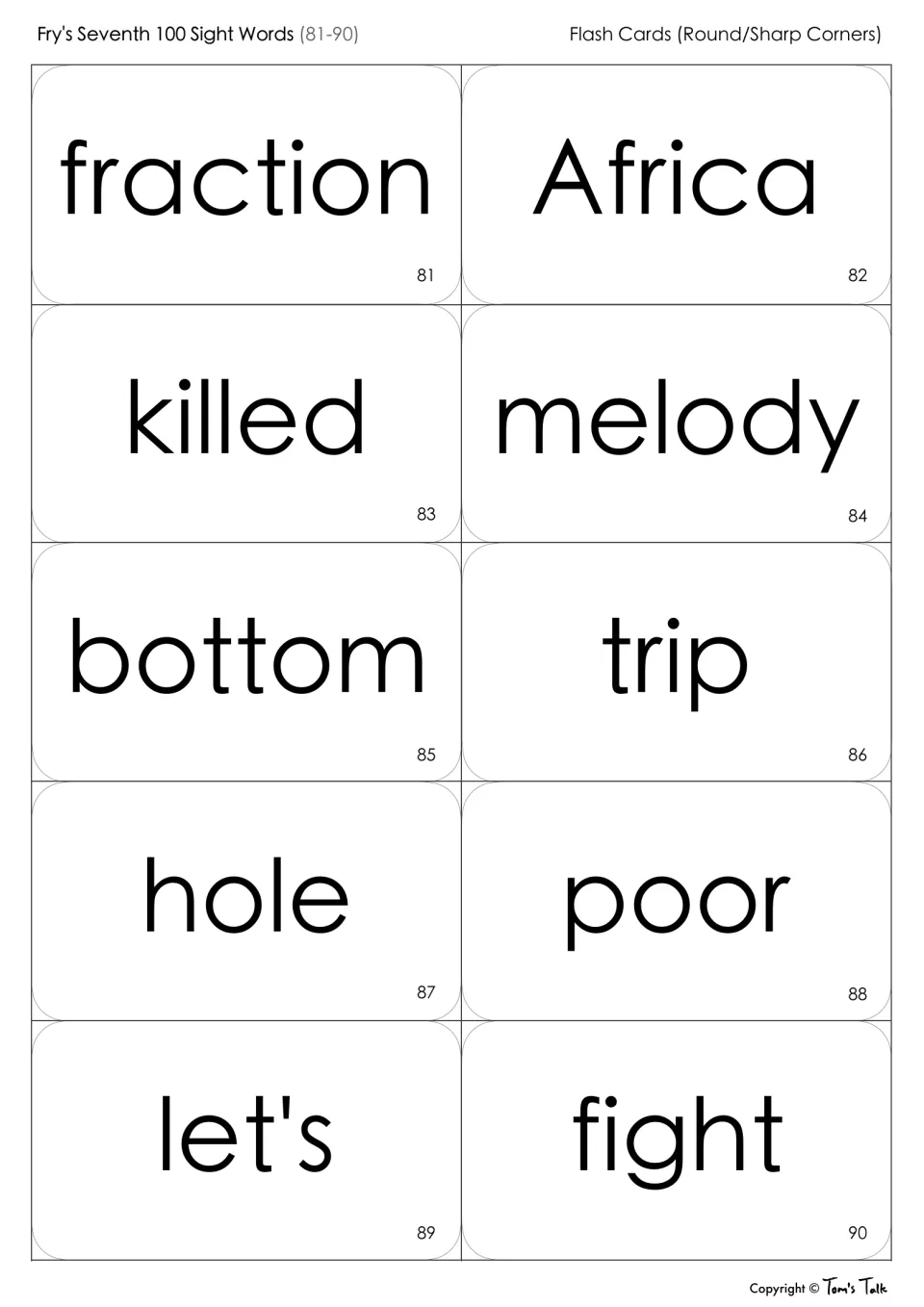 Sight word flash cards 81-90 for reading: fraction, Africa, killed, melody, bottom, trip, hole, poor, let's, fight