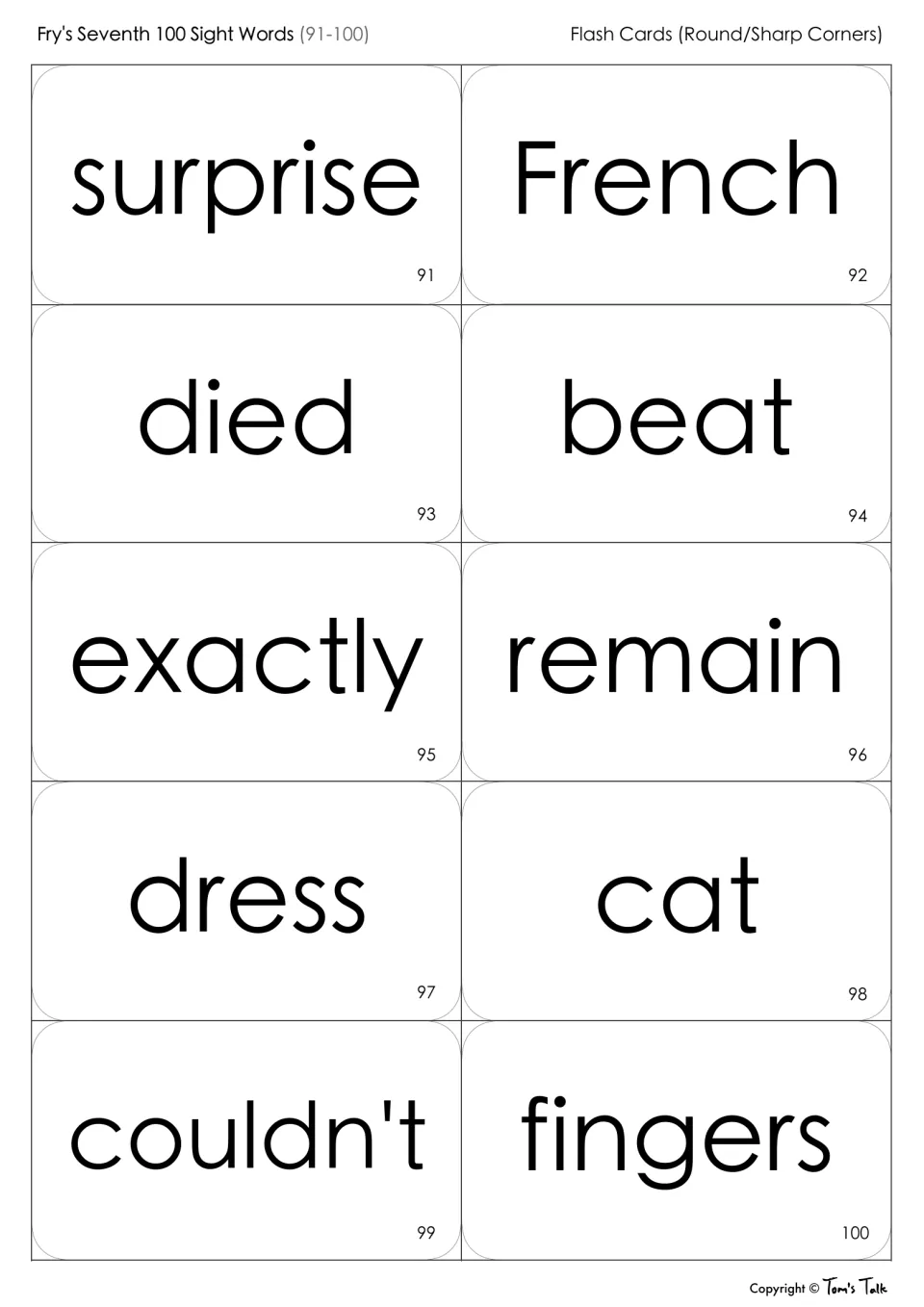 Sight word flash cards 91-100 for reading: surprise, French, died, beat, exactly, remain, dress, cat, couldn't, fingers