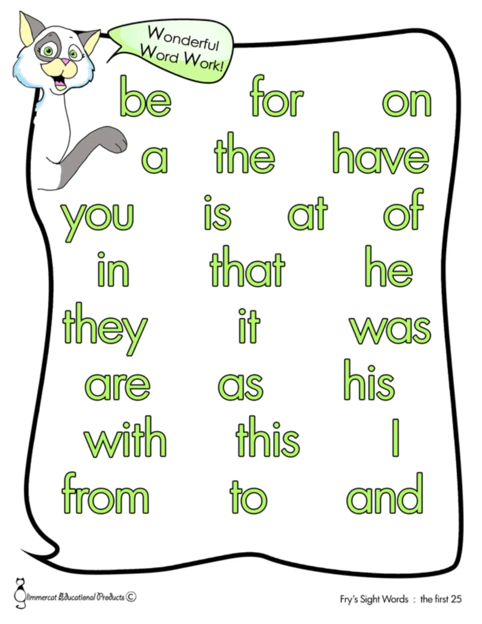 Word list of the first 25 sight words, including the, of, and, a, to, in, is, you, that, it, he, was, for, on, are and as