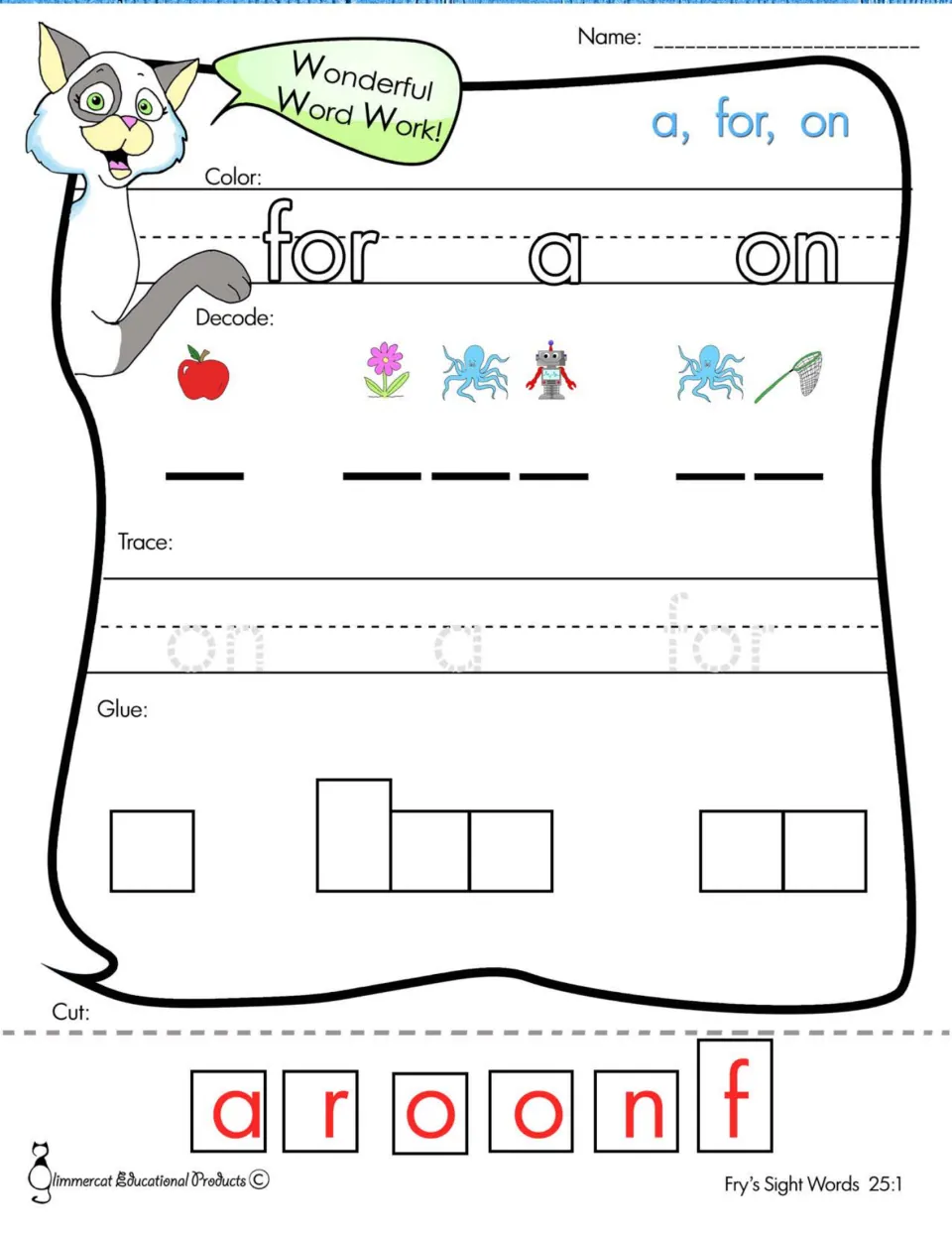 Sight words a, for, on: students color each word, decode picture sounds, trace the words, then cut and glue letter tiles