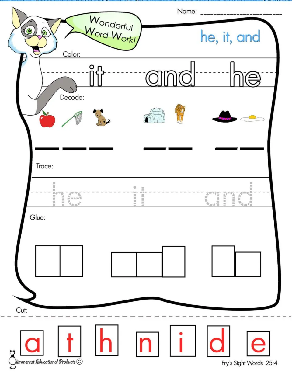 Sight words he, it, and: students color the words, decode from apple, net and dog pictures, trace and paste letter tiles