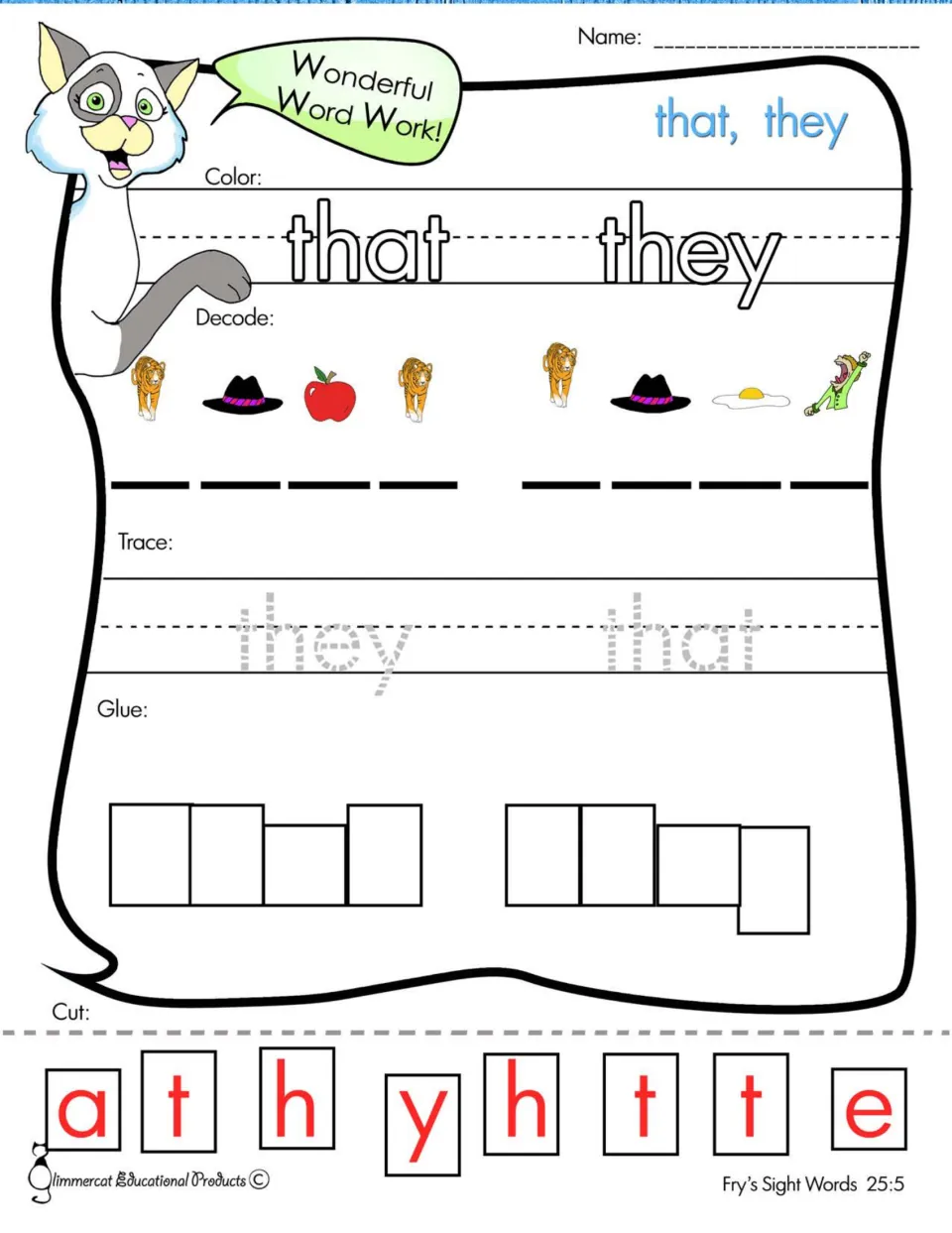 Sight words that, they: students color, decode four-letter words from picture first sounds, trace and glue cut letters