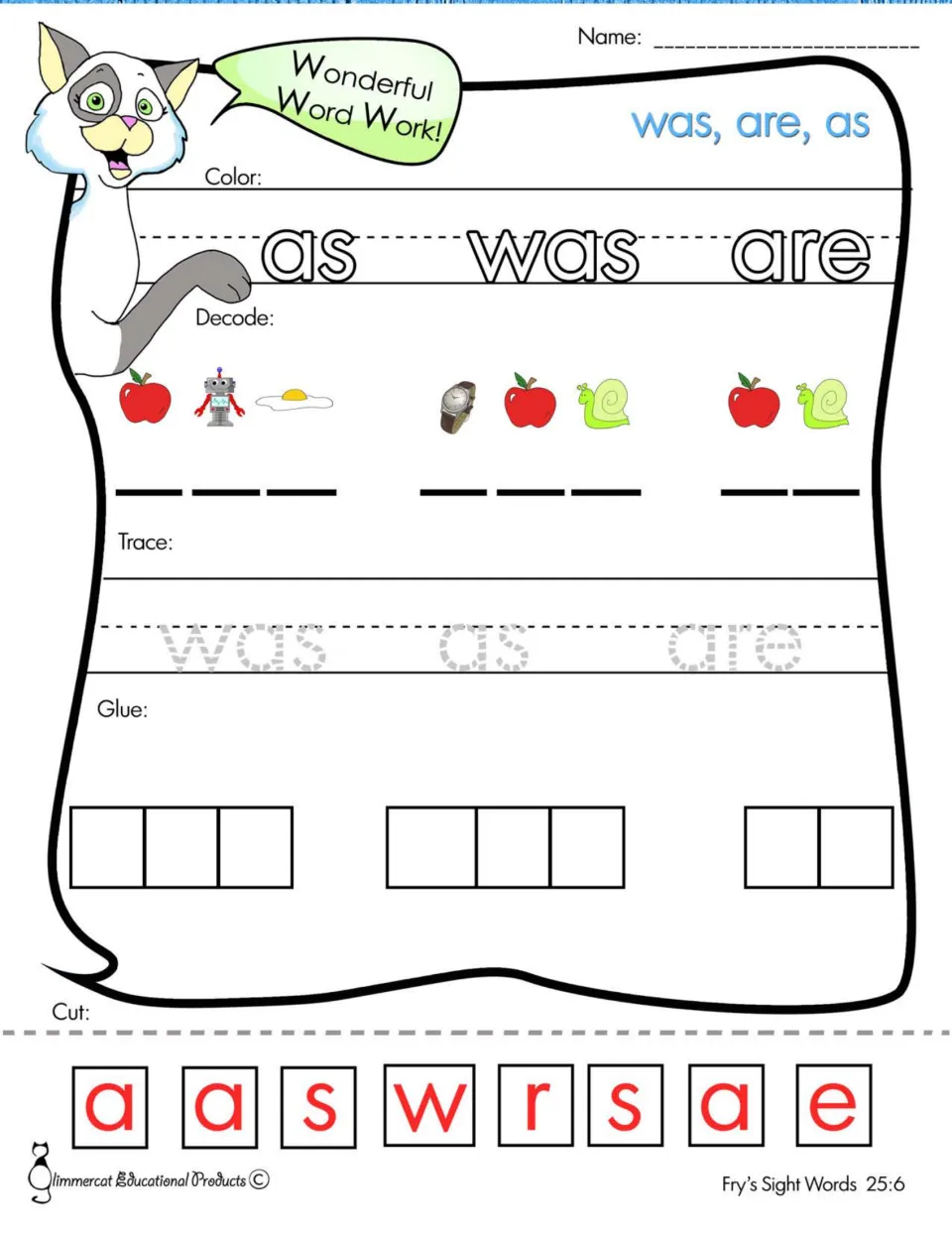 Sight words was, are, as: students color, decode words from picture sounds like apple and watch, trace and glue letters