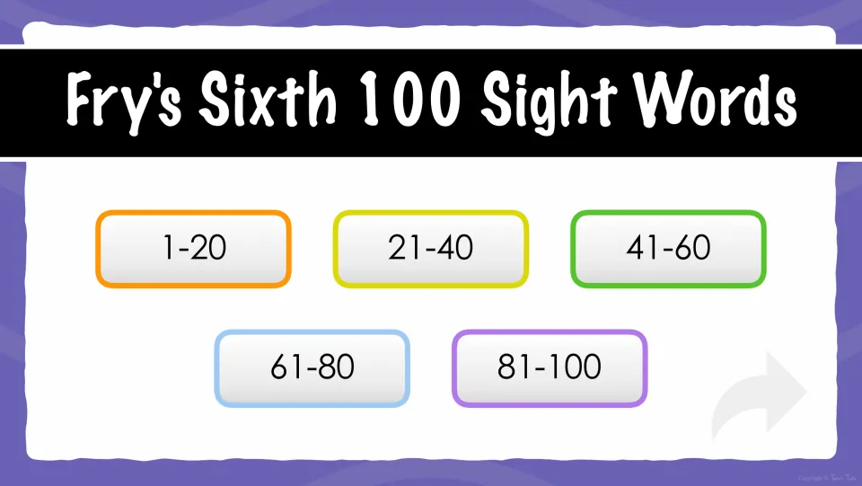 Sight word quiz selection menu for five groups of 20 words: 1–20, 21–40, 41–60, 61–80, and 81–100
