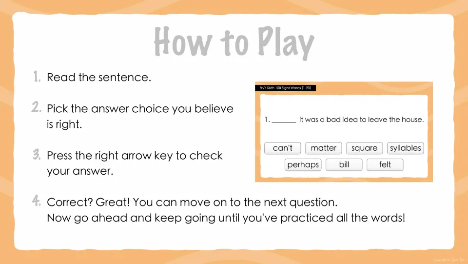 Quiz directions: read the sentence, pick an answer, press the right arrow key to check, then continue