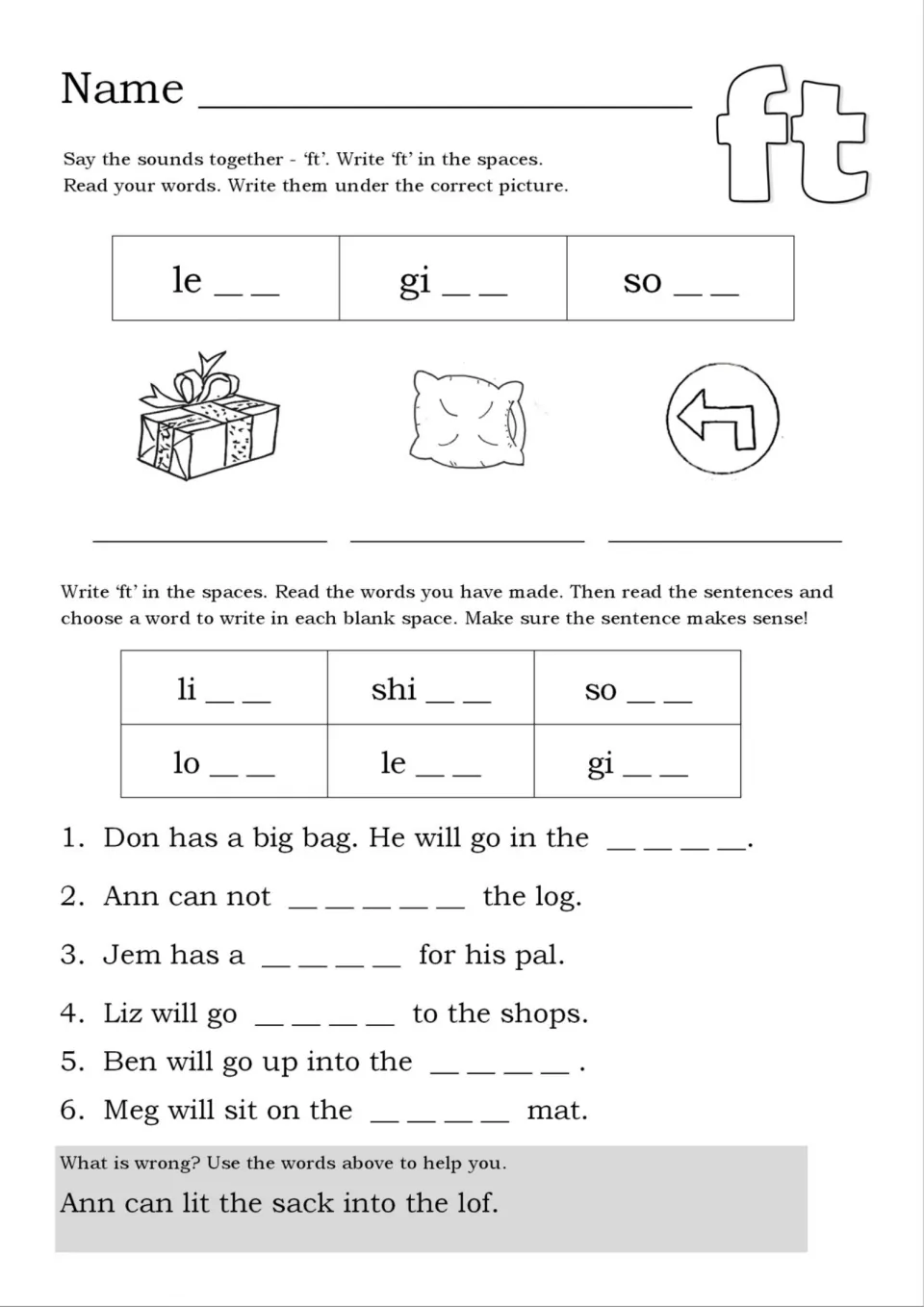Final ft blend: students add ft to build words like gift, soft and loft, label pictures, then complete six sentences