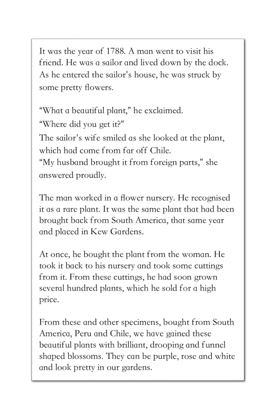 Fuchsia passage: in 1788 a nurseryman buys a rare plant from Chile from a sailor's wife and grows more from cuttings