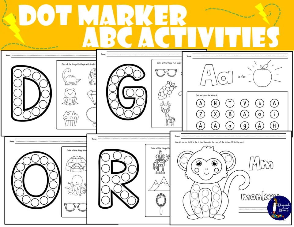 Dot Marker ABC Activities cover with sample pages: dot letters D, G, O, R, an Aa letter hunt and a monkey page