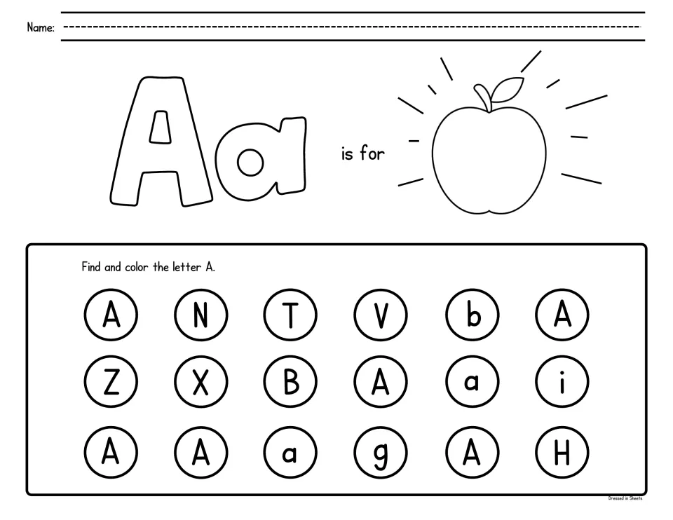 Letter A recognition: students color Aa and an apple, then dot every A or a among 18 circled letters