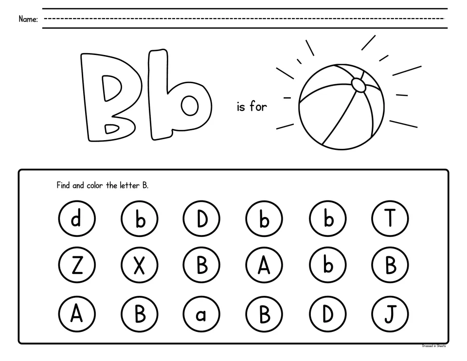 Letter B recognition: students color Bb and a beach ball, then dot each B or b mixed with look-alike d and D