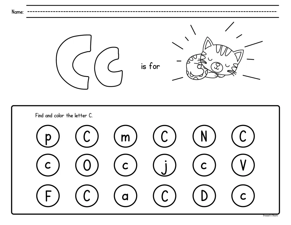 Letter C recognition: students color Cc and a sleeping cat, then dot every C or c among letters like O and j