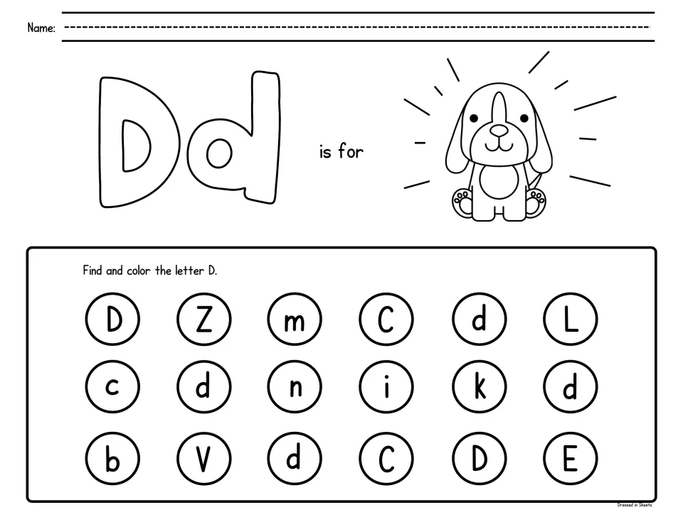 Letter D recognition: students color Dd and a puppy, then find and dot each D or d among letters like b and k