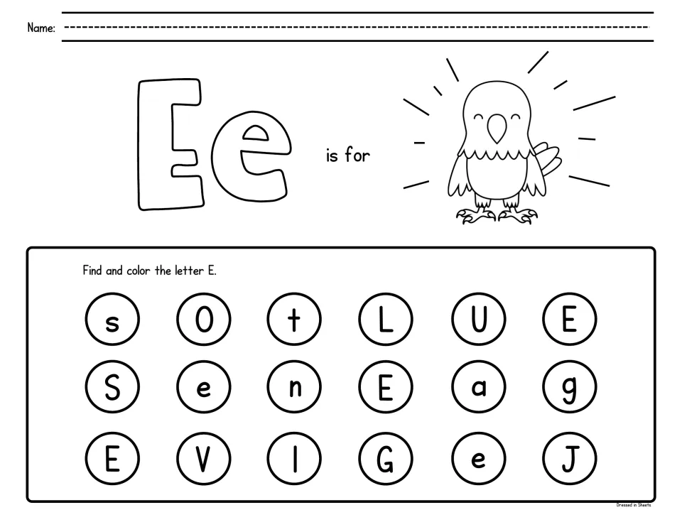 Letter E recognition: students color Ee and an eagle, then dot every E or e hidden among S, L, G and J