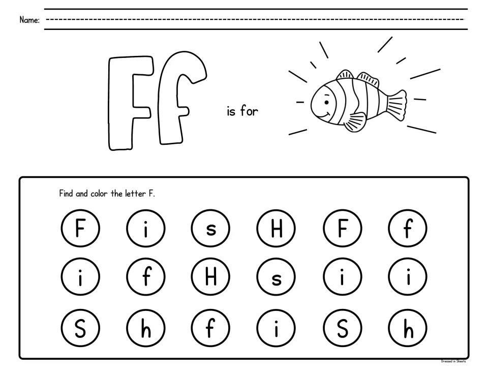 Letter F recognition: students color Ff and a clownfish, then dot each F or f among letters like i, s and h