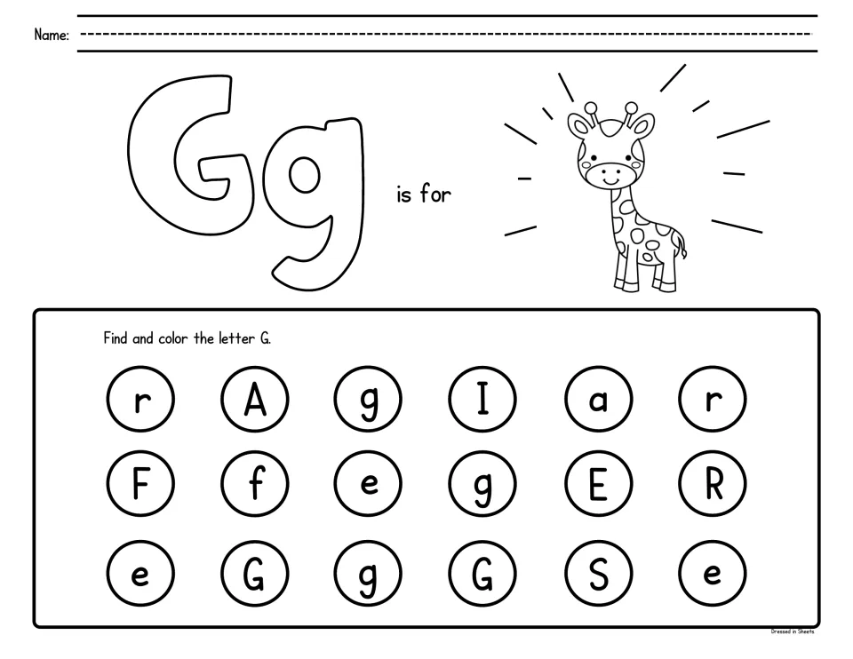 Letter G recognition: students color Gg and a giraffe, then dot each G or g among letters such as e, r and S