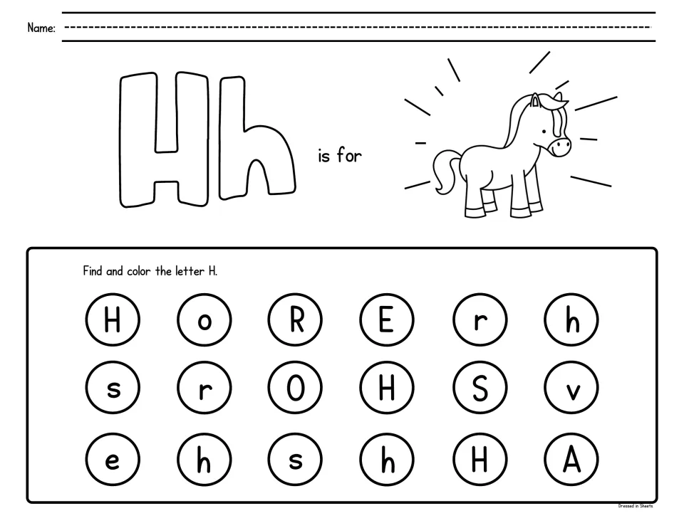 Letter H recognition: students color Hh and a horse, then find and dot every H or h among letters like r and O