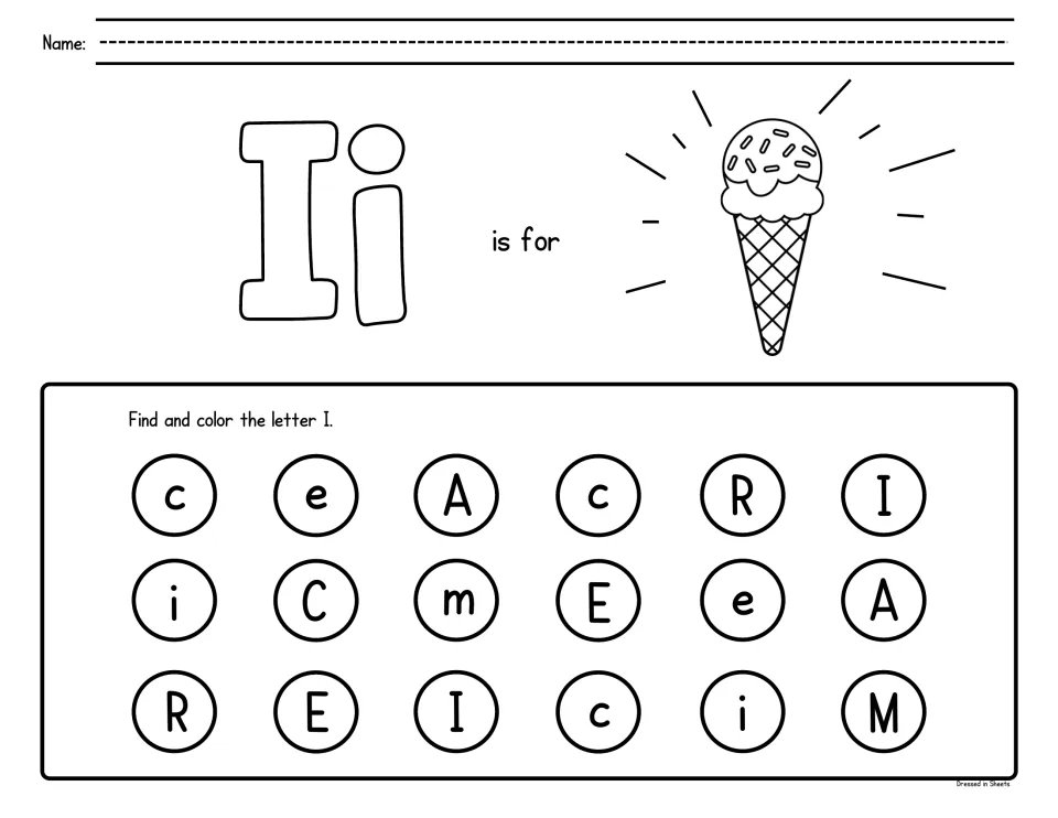 Letter I recognition: students color Ii and an ice cream cone, then dot each I or i among letters like c and M