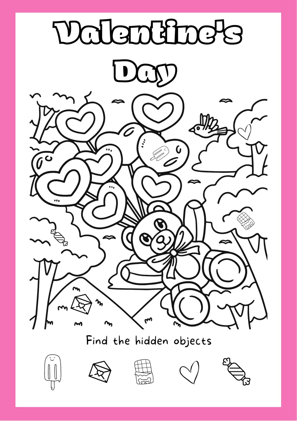 Valentine hidden picture: students find a popsicle, envelope, chocolate bar, heart and candy in a teddy bear balloon scene