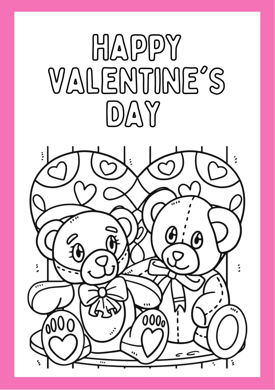 Happy Valentine's Day coloring page showing two teddy bears with bows sitting in front of a large decorated heart