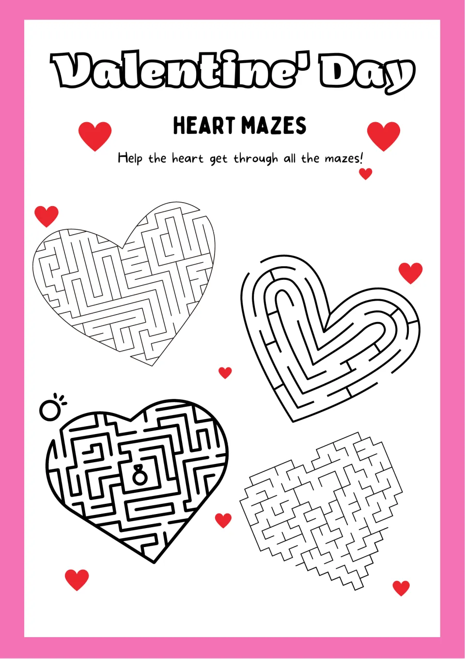 Heart mazes: students help the heart get through four heart-shaped mazes, one with a ring at its center