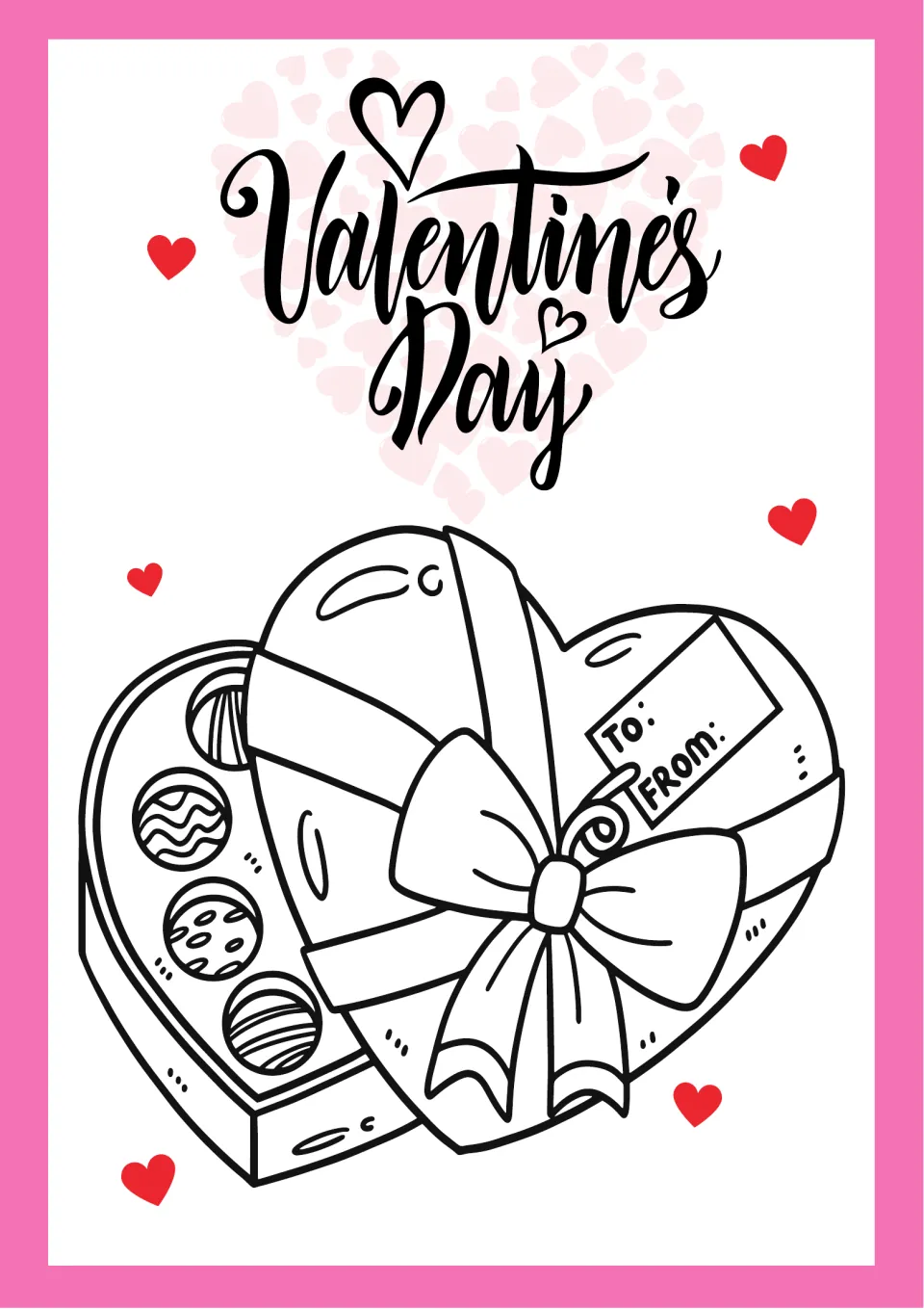 Valentine's Day coloring page of an open heart-shaped chocolate box with a bow and a To/From tag students can fill in
