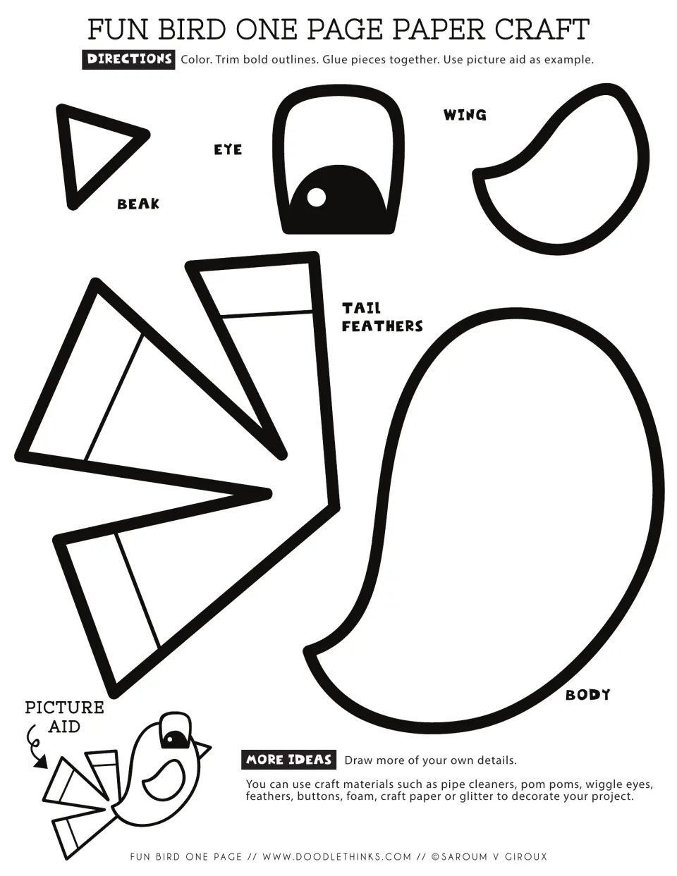 Bird paper craft template: students color, cut out and glue the beak, eye, wing, tail feathers and body using a picture aid