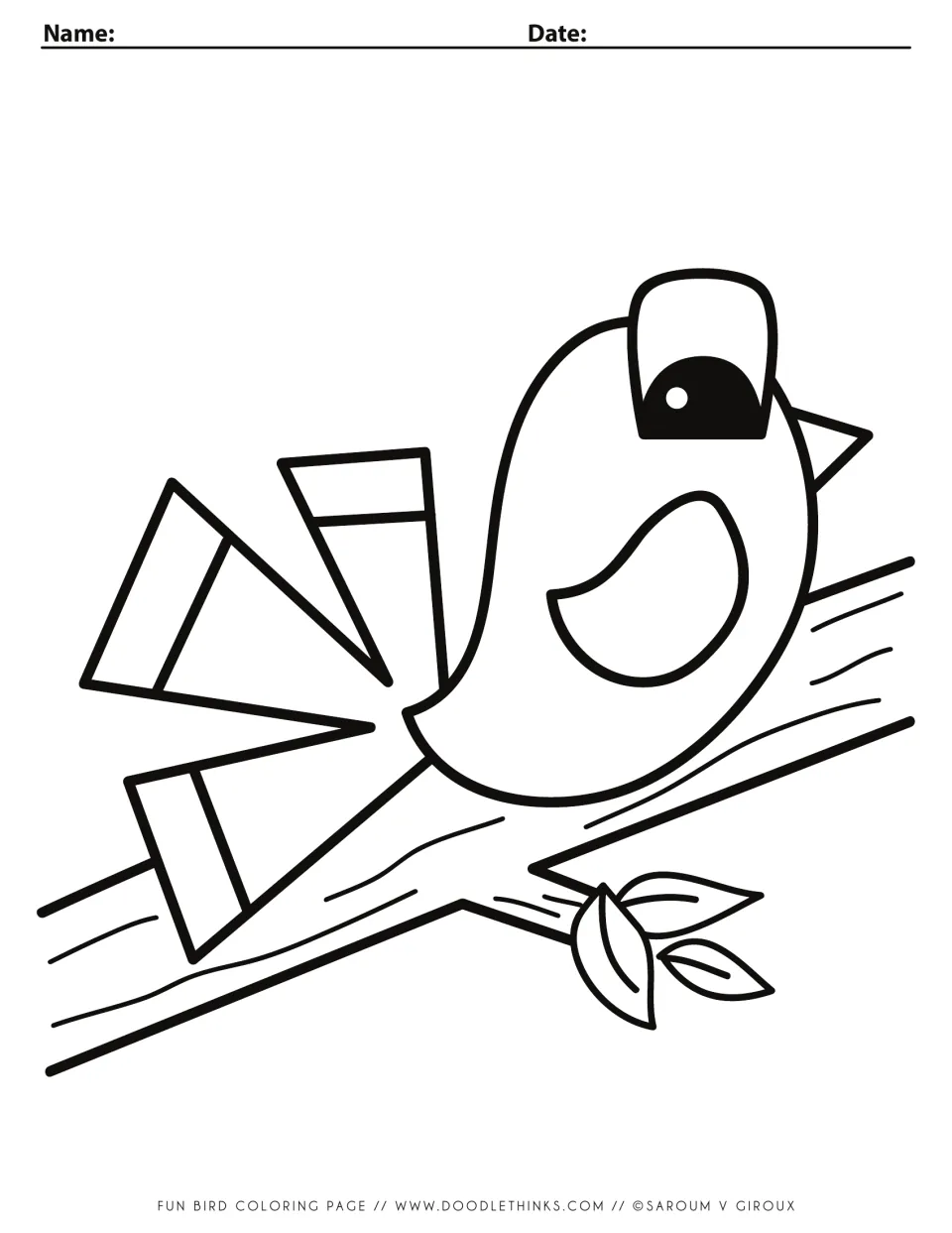 Bird coloring page: students color a geometric bird with a big eye, wing and fanned tail perched on a leafy branch