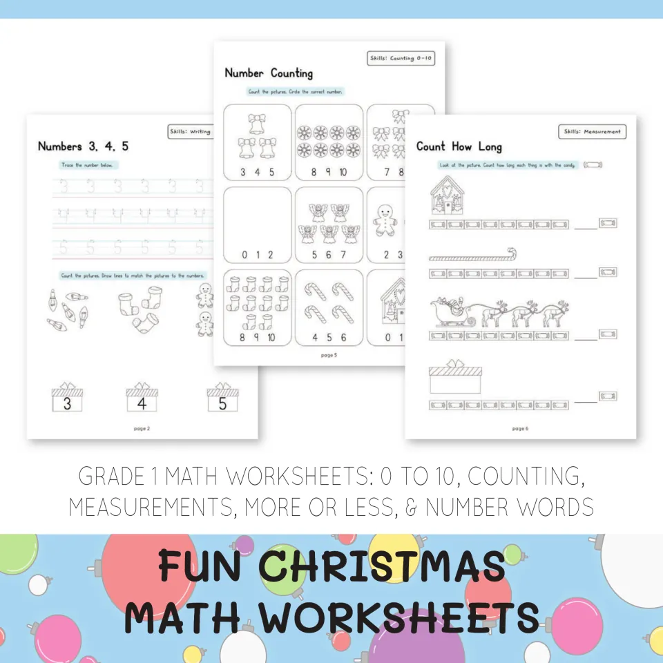 Fun Christmas Math Worksheets cover: grade 1 numbers 0 to 10, counting, measurement, more or less and number words