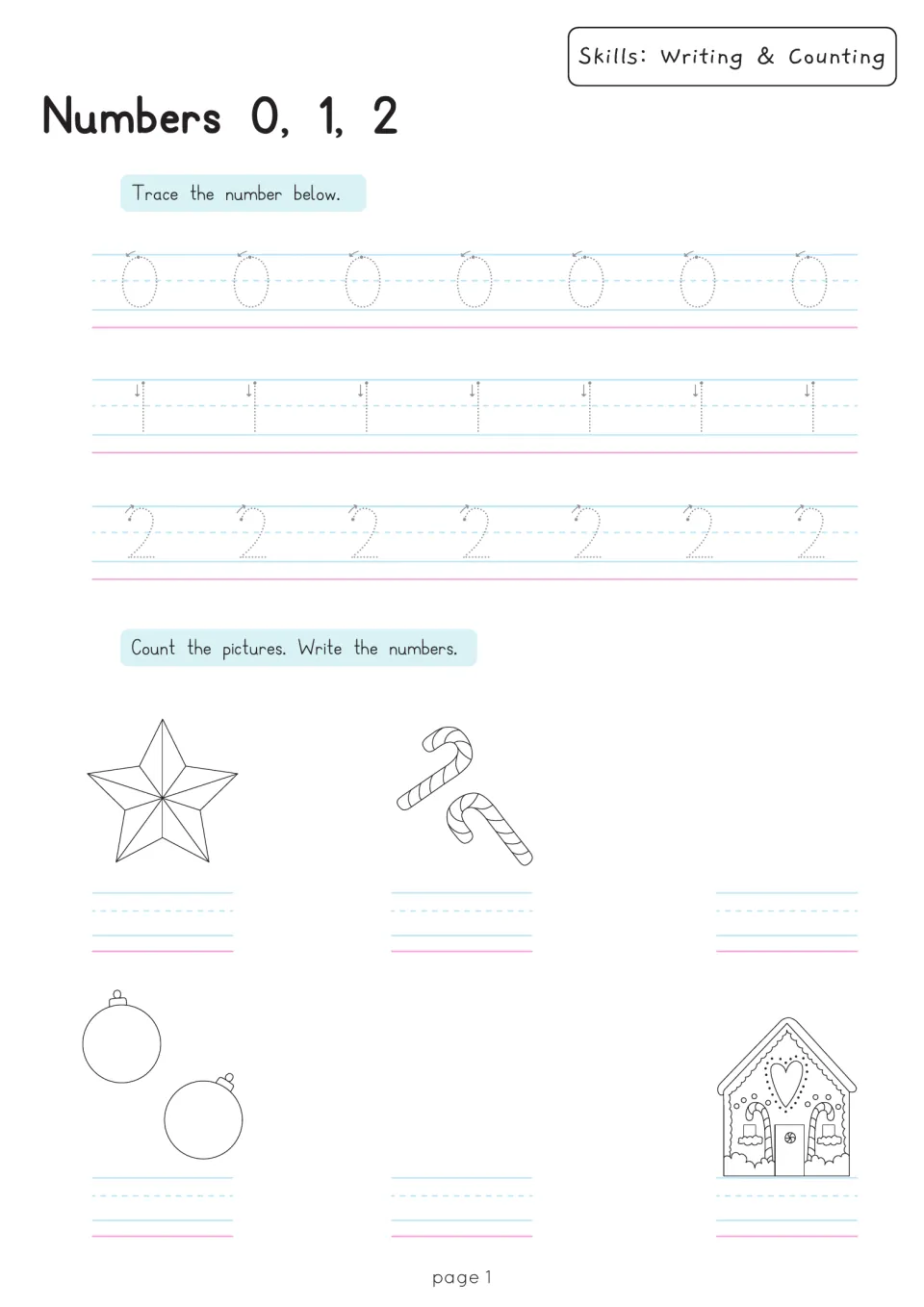 Numbers 0, 1, 2: students trace each numeral, then count Christmas pictures like a star and candy canes and write the number