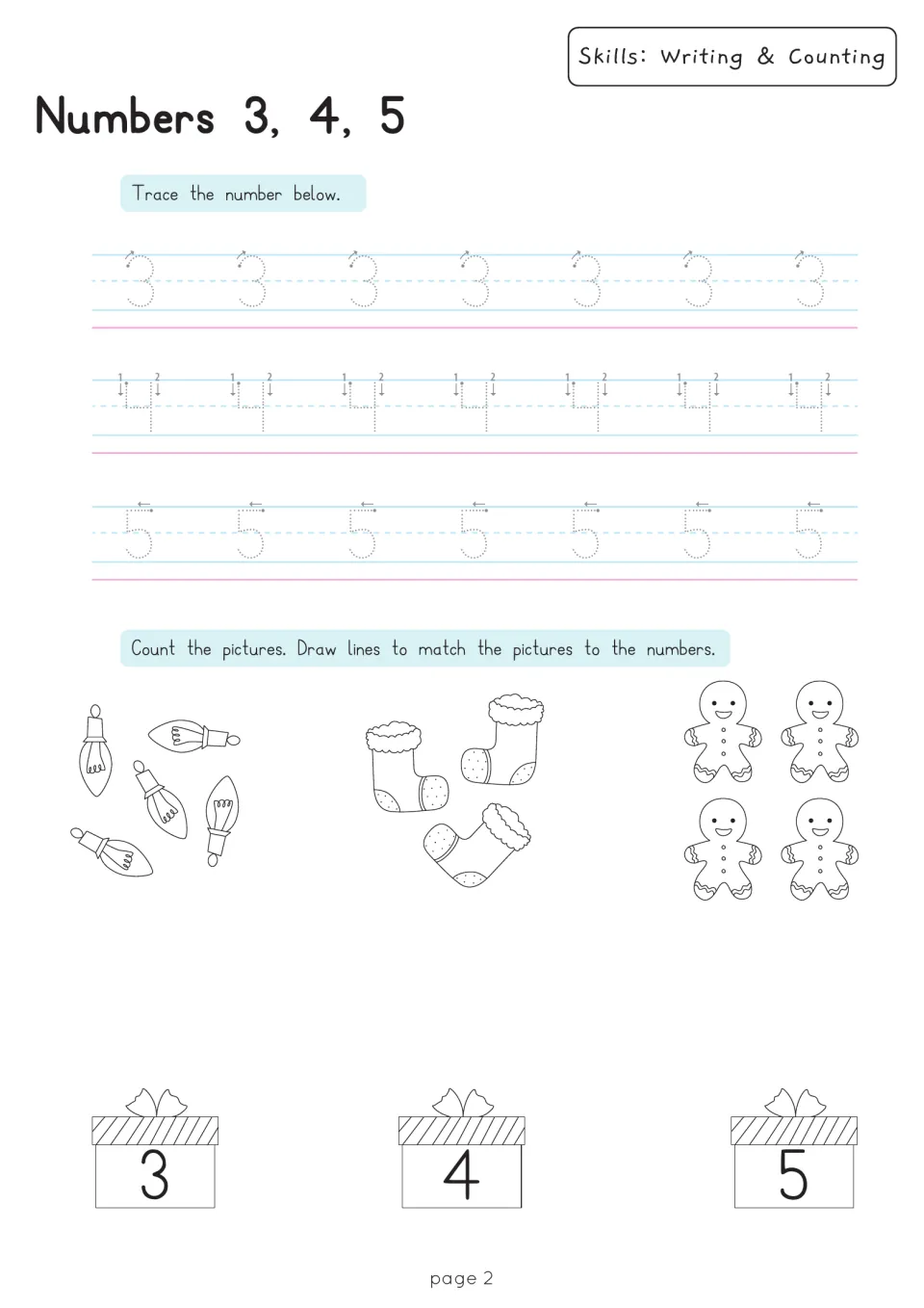 Numbers 3, 4, 5: students trace numerals, count lights, stockings and gingerbread men, then match each set to its number
