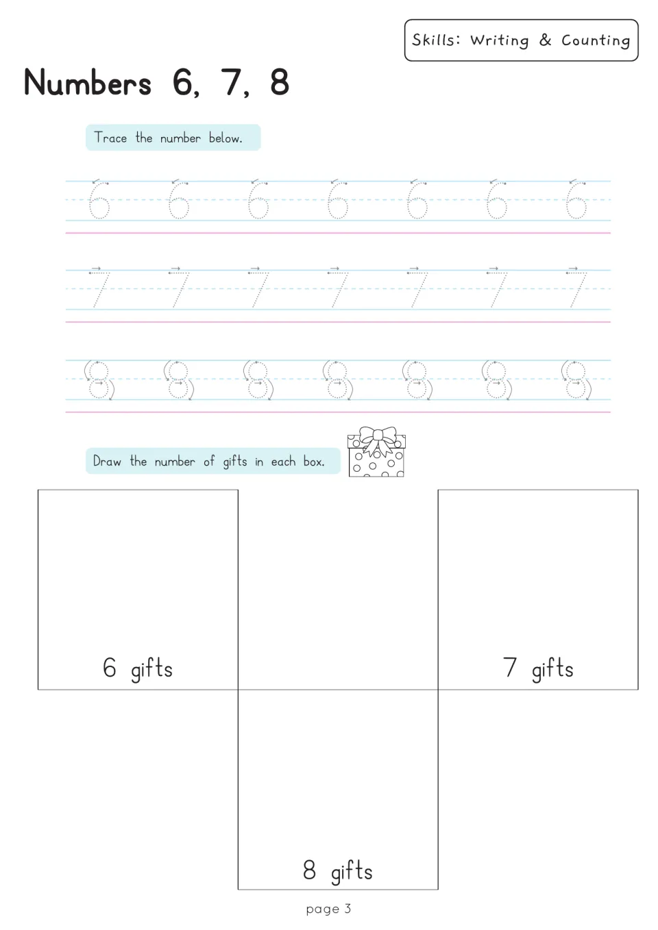 Numbers 6, 7, 8: students trace each numeral, then draw 6, 7 and 8 gifts in the labeled spaces to show each quantity