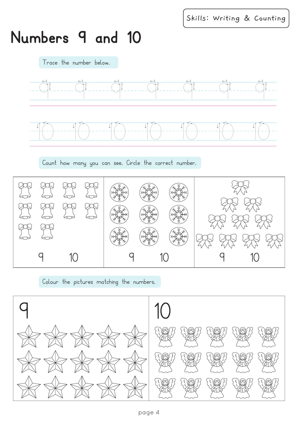 Numbers 9 and 10: students trace numerals, circle 9 or 10 for each picture set, and colour stars and angels to match