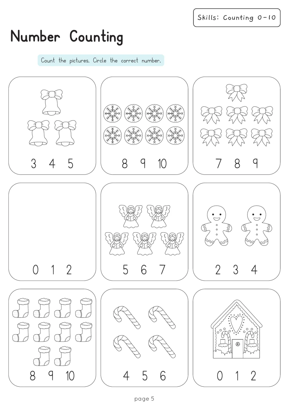 Number Counting 0-10: students count bells, snowflakes, stockings and other holiday pictures and circle the right number