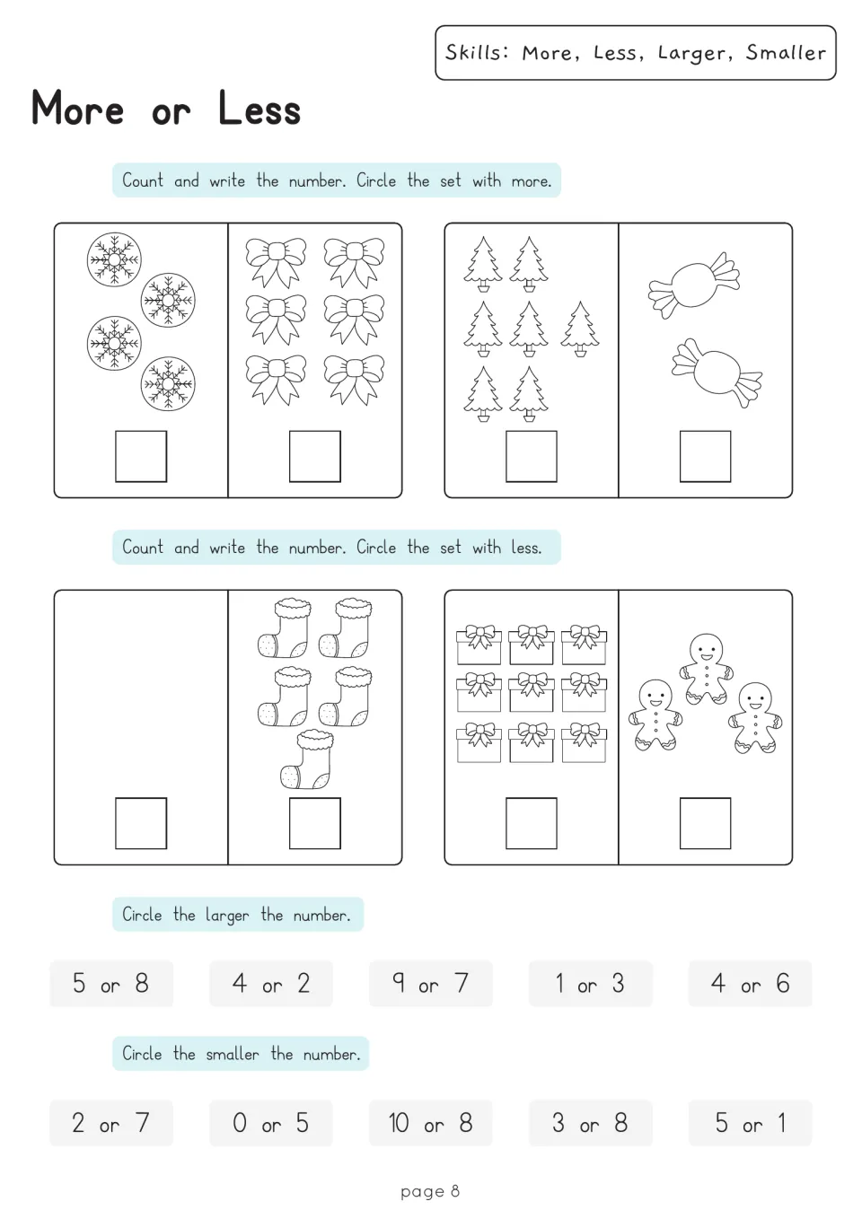 More or Less: students count and compare holiday picture sets, then circle the larger or smaller number in each pair