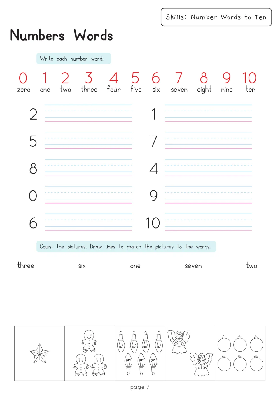 Number words zero to ten: students write the word for each numeral, then match pictures to words like three, six and two