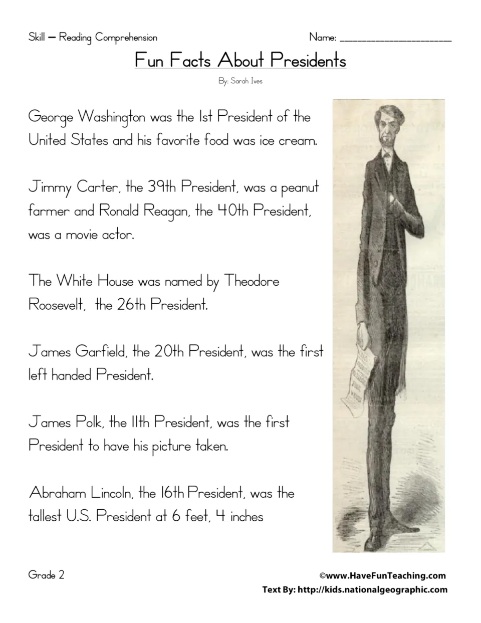 Reading passage about seven U.S. presidents, including Washington's favorite food and Lincoln's height.