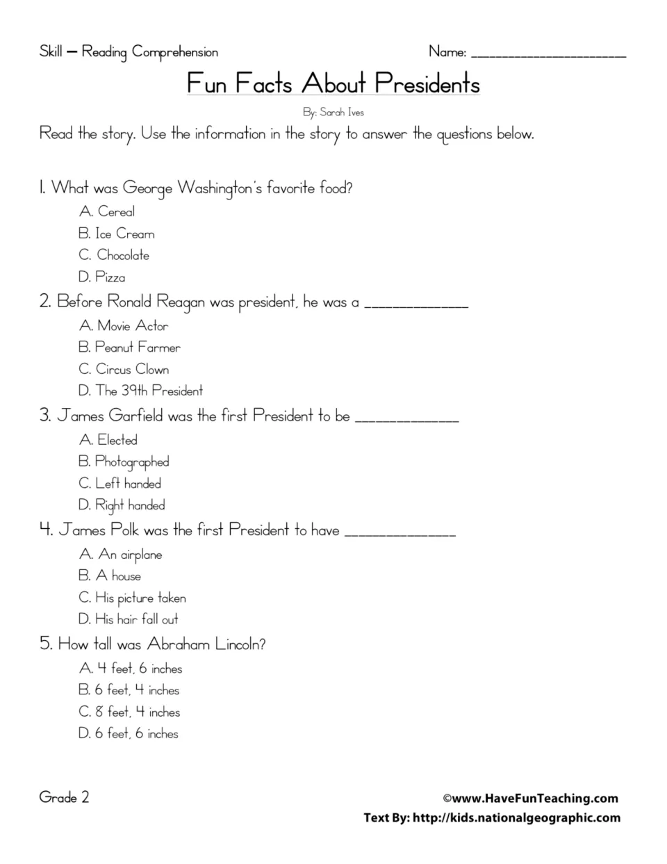 Five multiple-choice questions on presidents' favorite food, former jobs, handedness, photos, and height.
