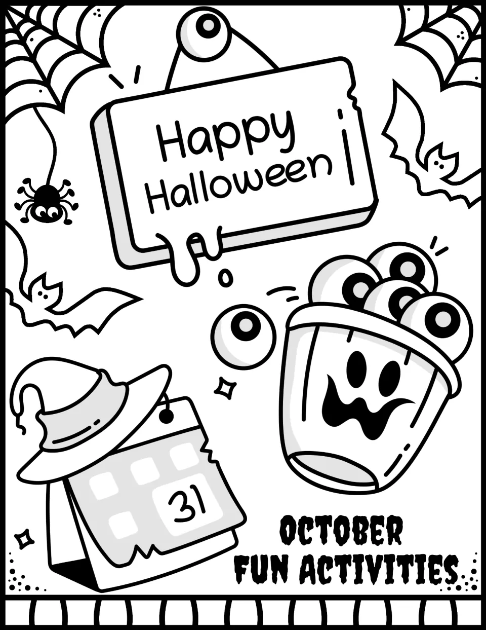Happy Halloween October Fun Activities cover with bats, a spider, an eyeball candy pail and a witch hat on a 31 calendar