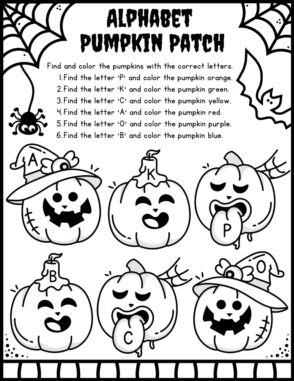 Alphabet Pumpkin Patch letter recognition: students find P, K, C, A, O and B on six pumpkins and color each the named color
