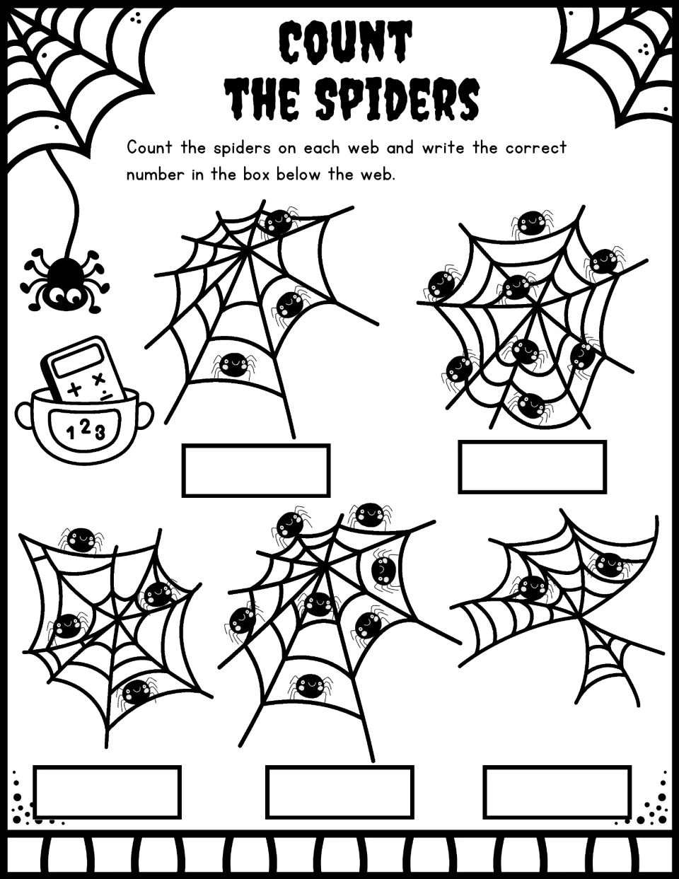Count the Spiders: students count the spiders on each of five webs and write the number in the box under that web