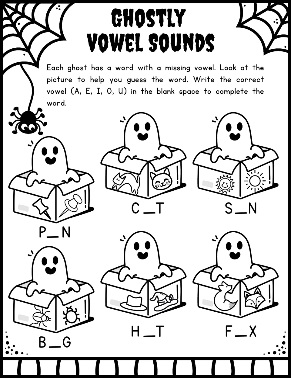 Ghostly Vowel Sounds: students use picture clues to write the missing vowel in P_N, C_T, S_N, B_G, H_T and F_X